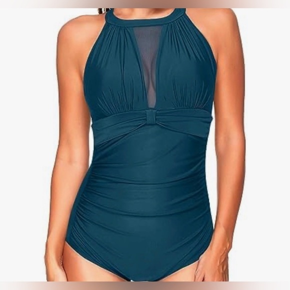 Aqua Eve Plus size 18W dark teal ruched slimming one pc swimsuit high neck - Picture 1 of 3
